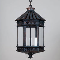 Close-up copper bronze lantern front view, detailed design.