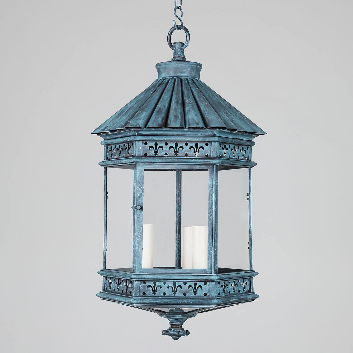 Verdigris finish French country lantern, side view.