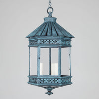 Verdigris finish French country lantern, side view.