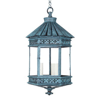 Verdigris finish French country lantern, front view.