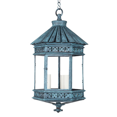 Verdigris finish French country lantern, front view.