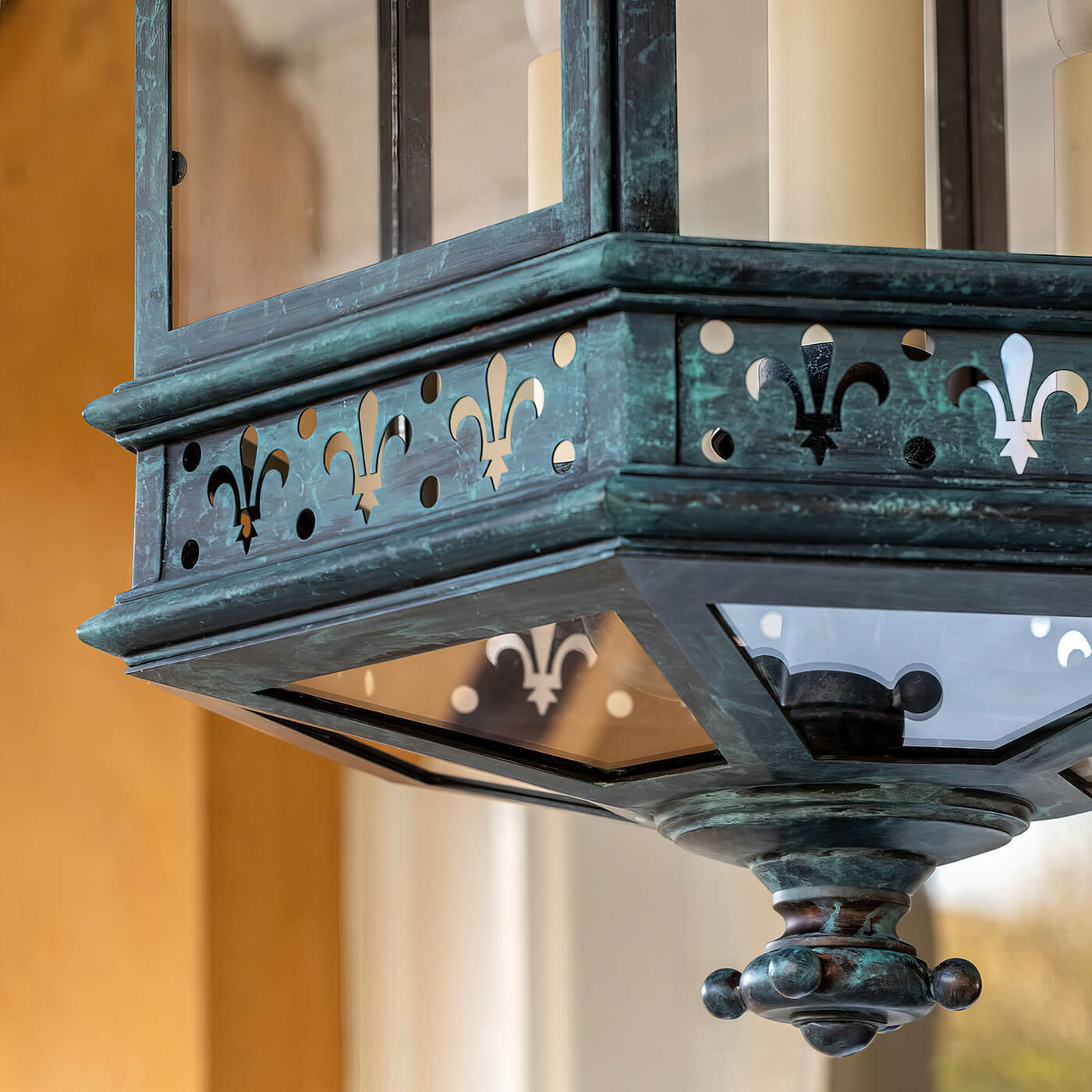 Close-up of French country lantern bottom design details.