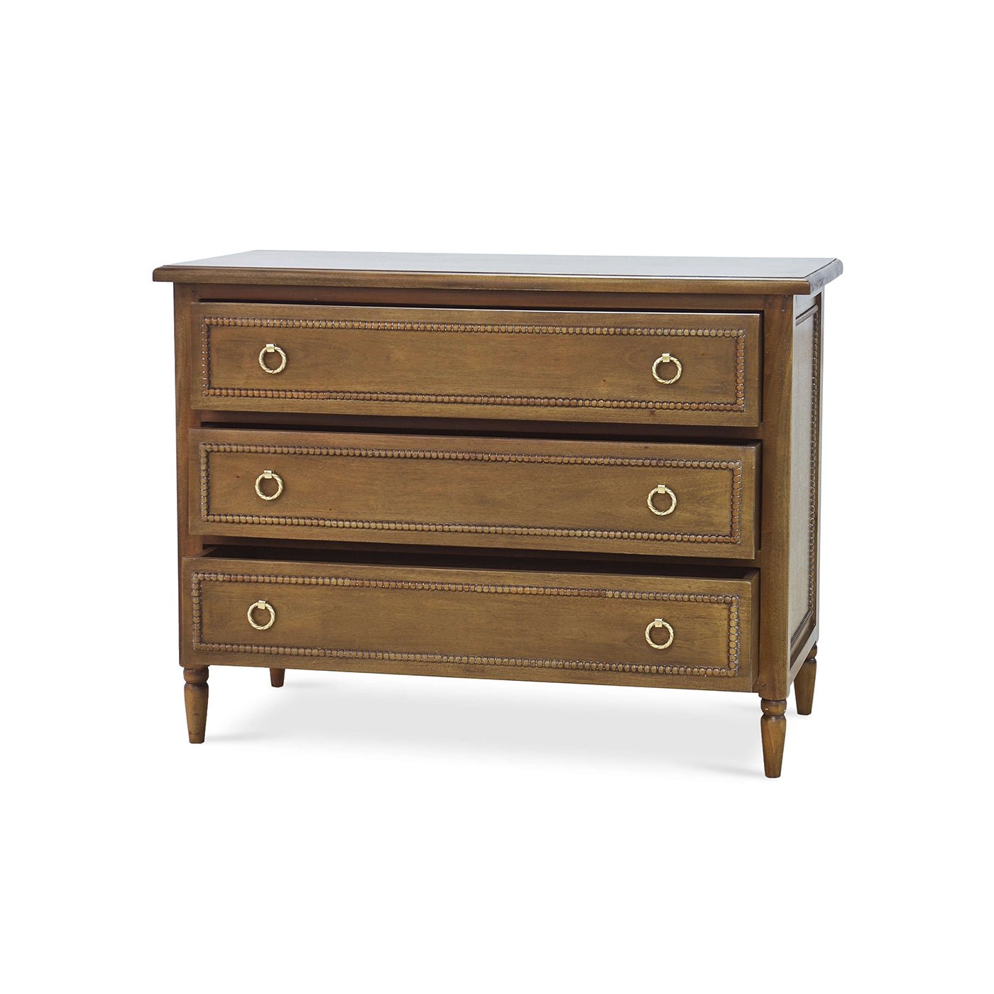 Mahogany chest of drawers, angled side view.