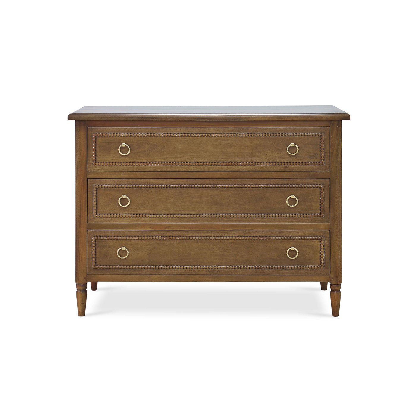 Mahogany chest of drawers, straight front view.