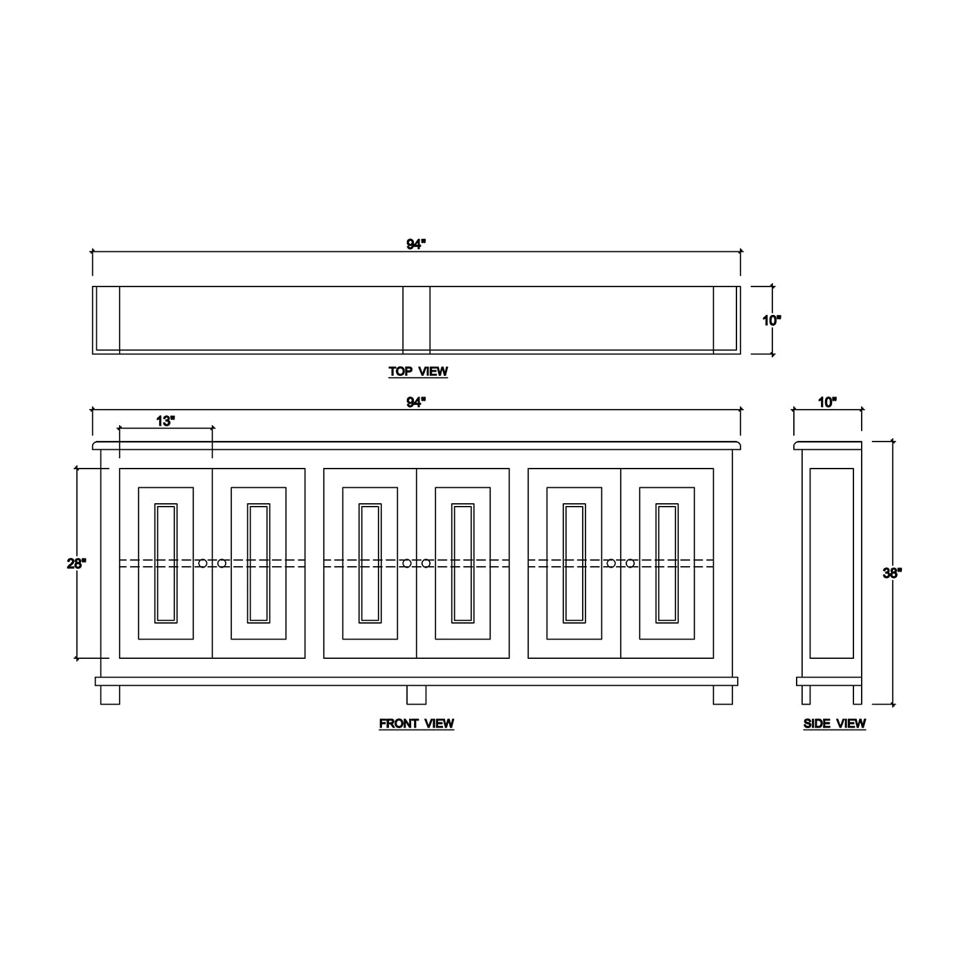 Sideboard dimensions and design schematic drawing.