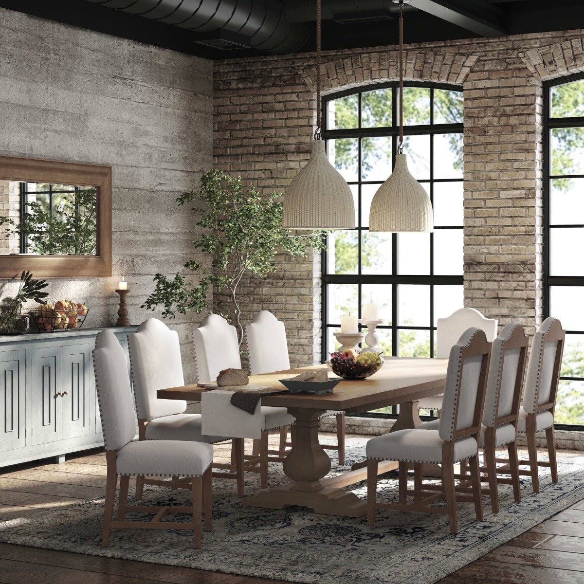 Sideboard styling in a rustic dining room setting.