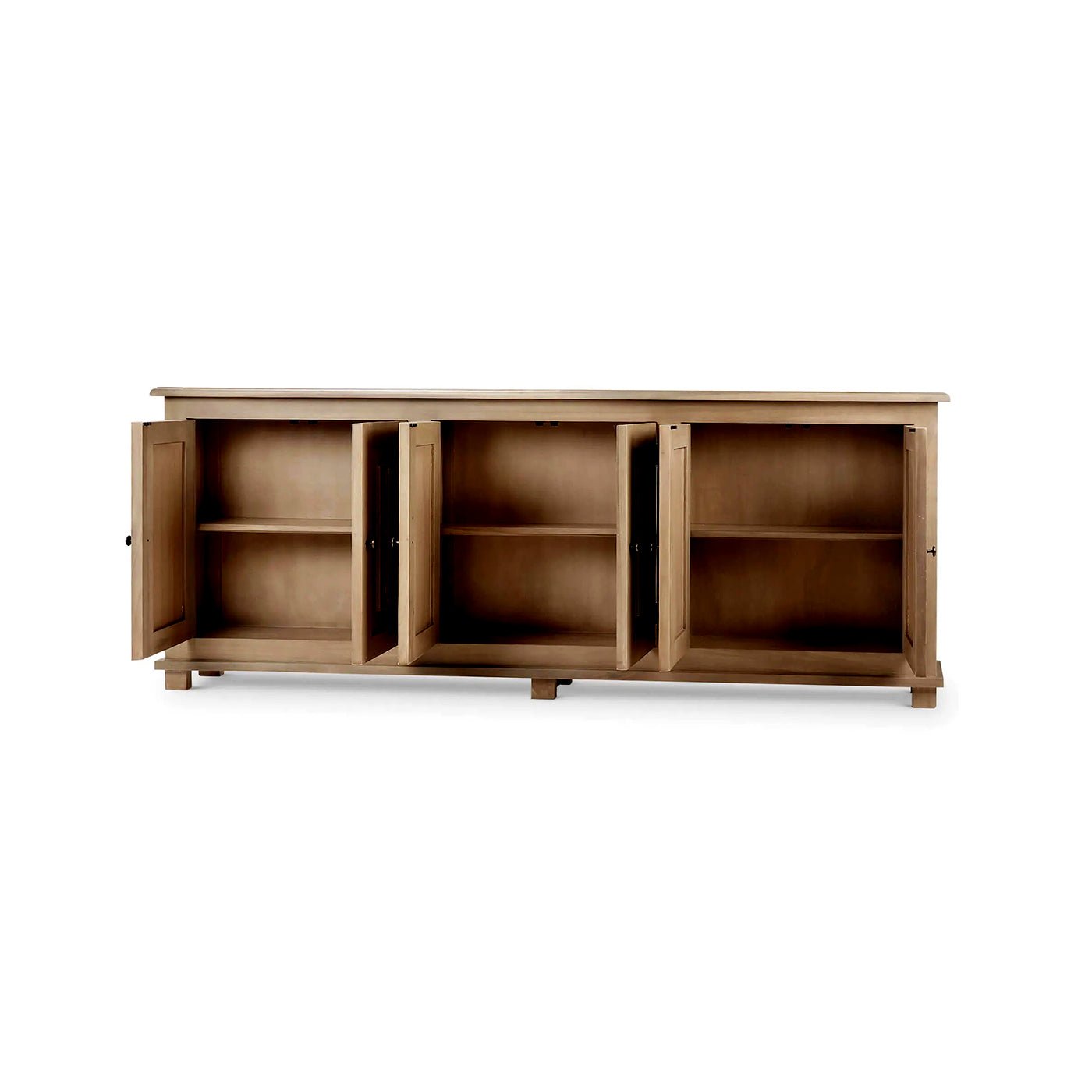 Open cabinet doors of sideboard, showing interior shelves.