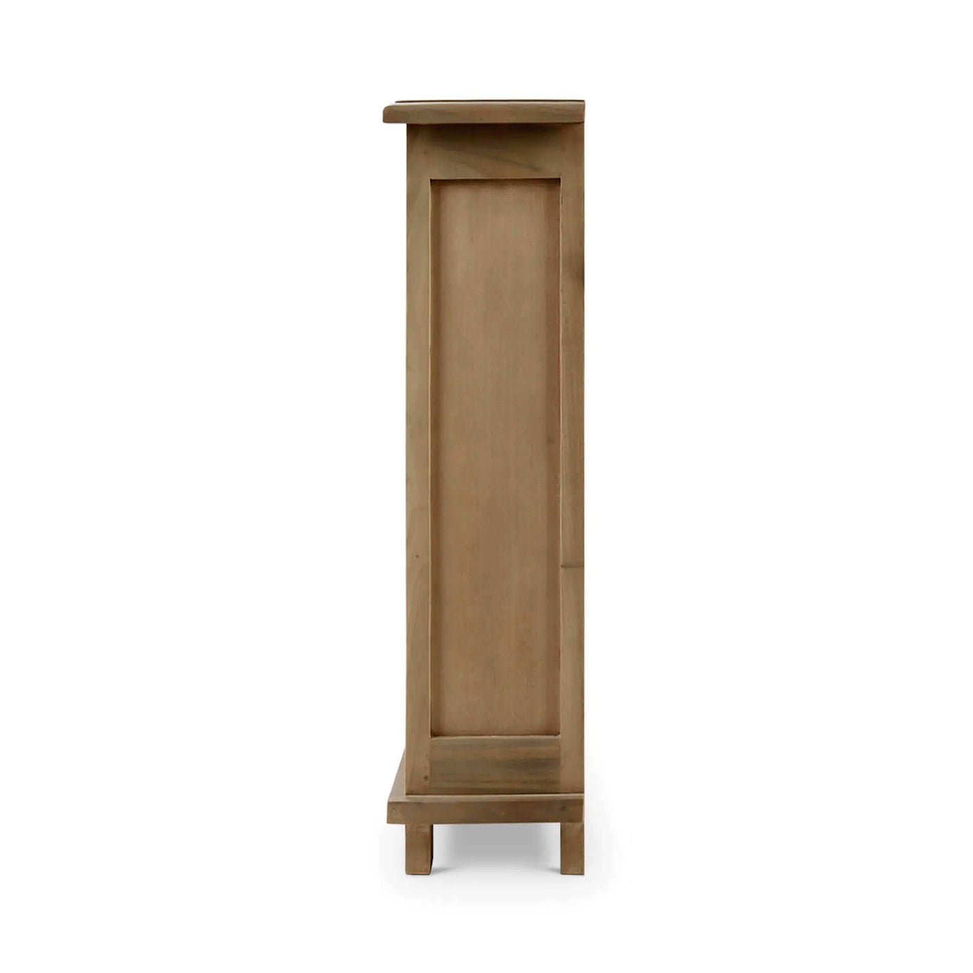 Side profile of narrow wooden sideboard.