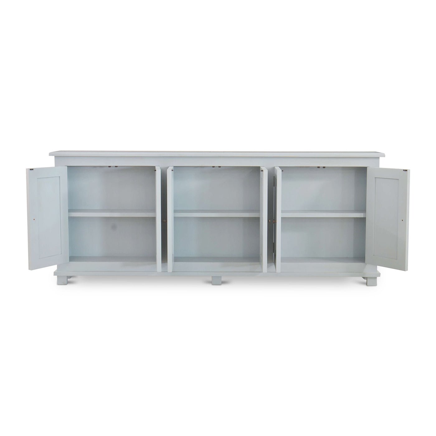 Open doors revealing interior shelves of the sideboard.