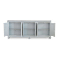 Open doors revealing interior shelves of the sideboard.