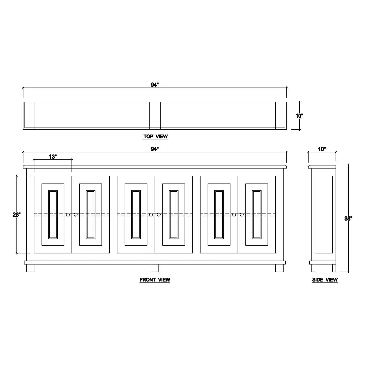 Dimensions diagram of French Country sideboard, walnut finish.