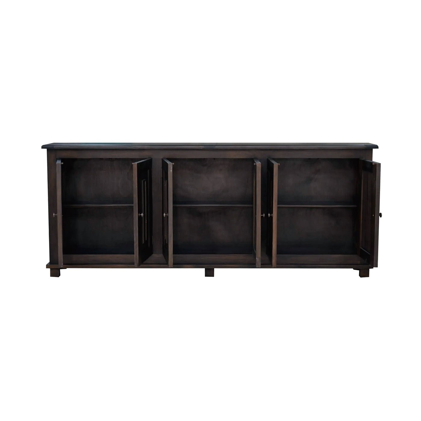 Open French Country sideboard showing interior shelves, walnut.