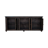 Open French Country sideboard showing interior shelves, walnut.