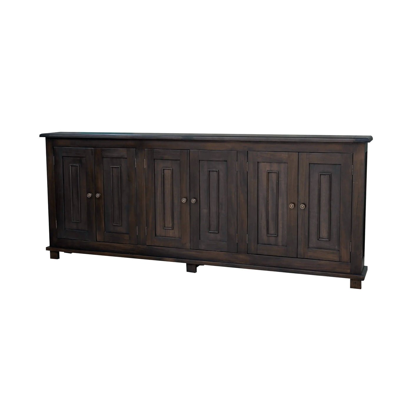 Angled view of French Country sideboard, walnut finish.