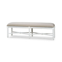 White painted bench with light fabric seat, front view.