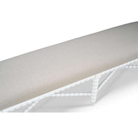 Top view of white bench with light upholstered seat.