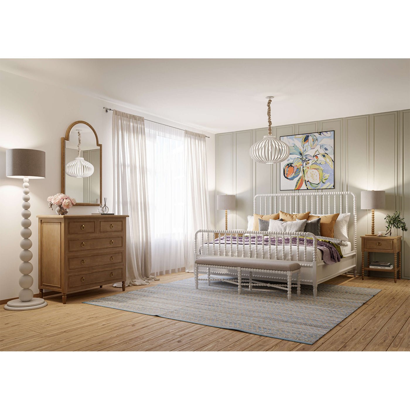 Bright bedroom featuring a white bench and furniture.