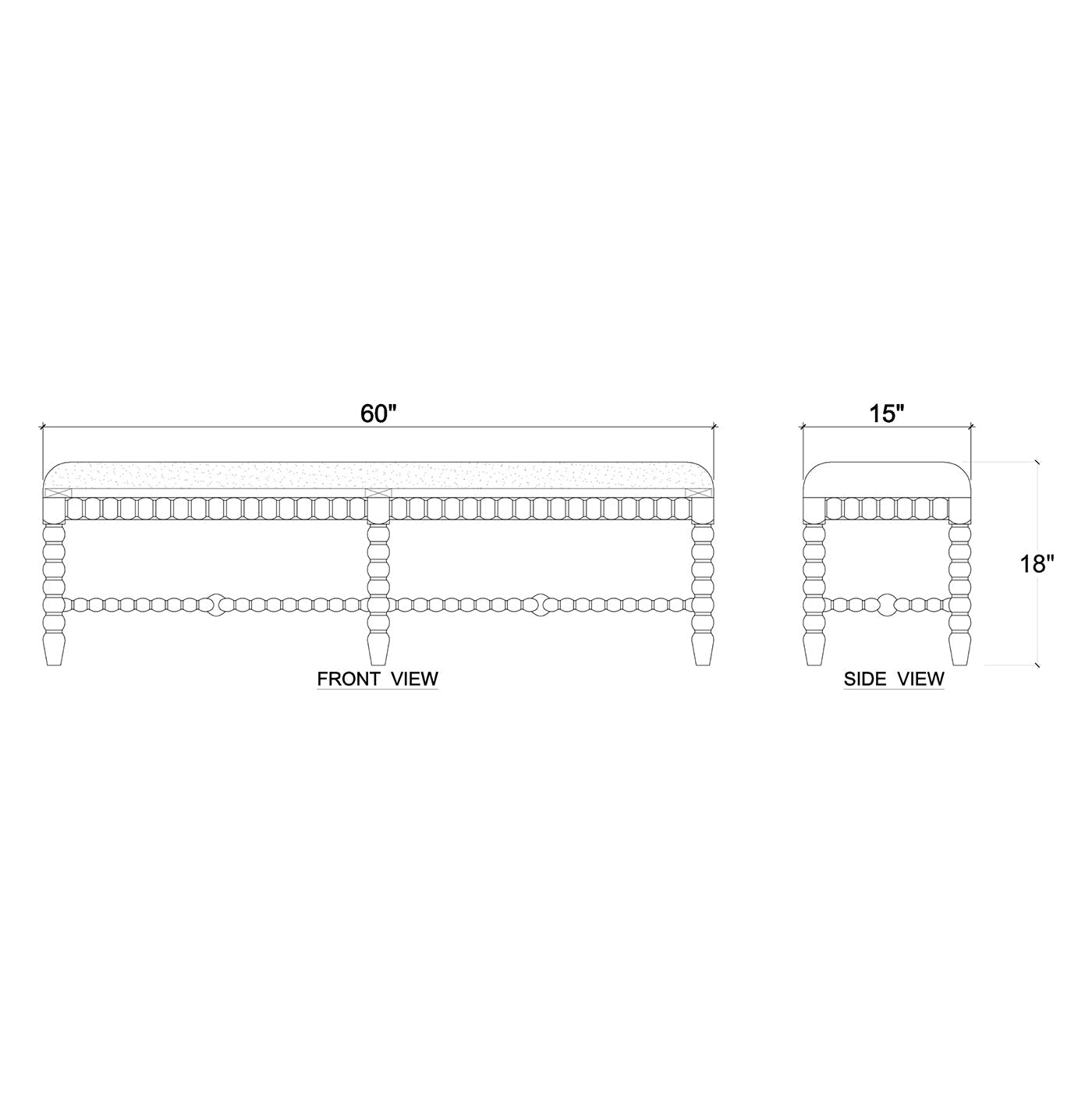 Bench dimensions diagram, front and side views.