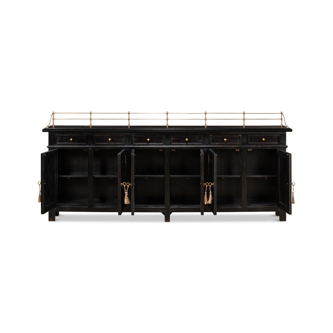 Open doors of buffet sideboard showing interior storage.