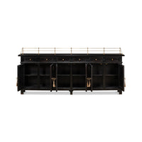 Open doors of buffet sideboard showing interior storage.