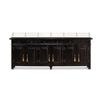 Front view of buffet sideboard with brass rail.