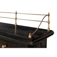 Close-up of railing on buffet sideboard top.