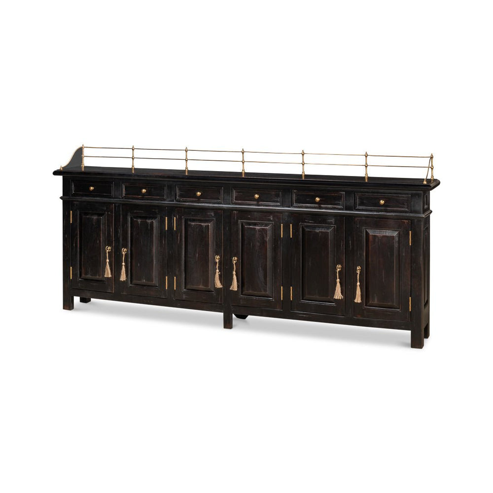 Front angle view of painted buffet sideboard with rail.