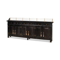 Front angle view of painted buffet sideboard with rail.