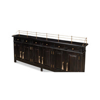 Side angle view of painted buffet sideboard with rail.