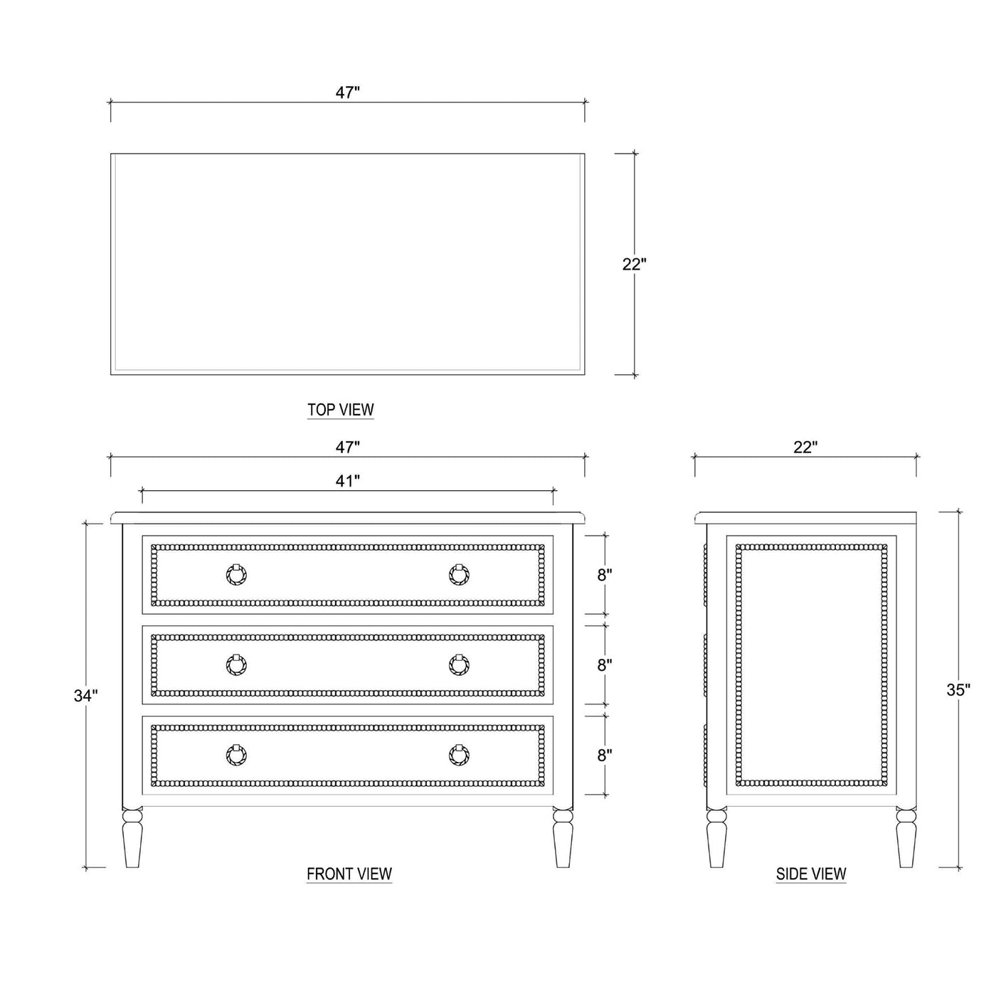 Chest of drawers, dimension schematic with measurements.