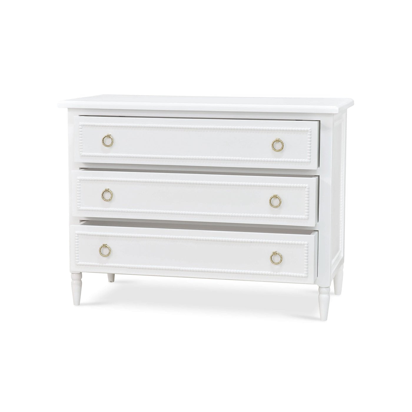 White chest of drawers, three-quarter view.