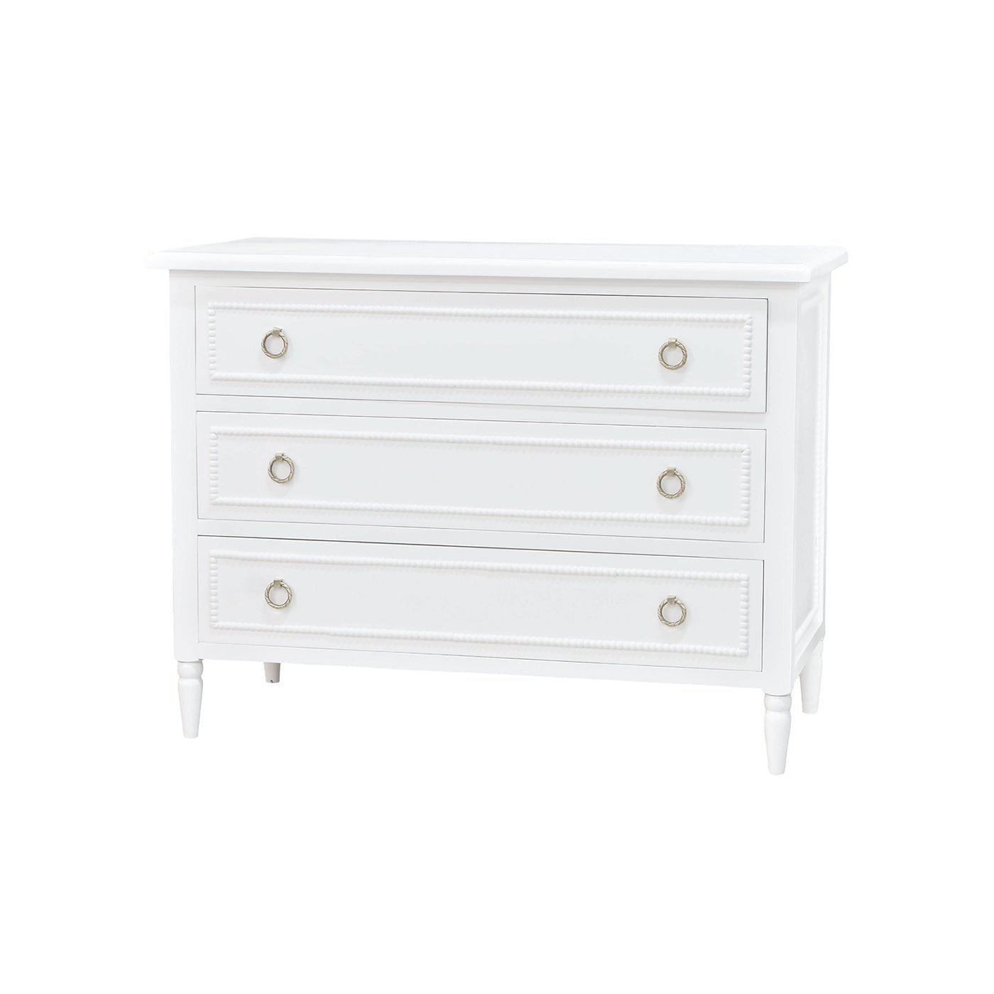 White chest of drawers, side angle view.