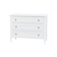 White chest of drawers, side angle view.