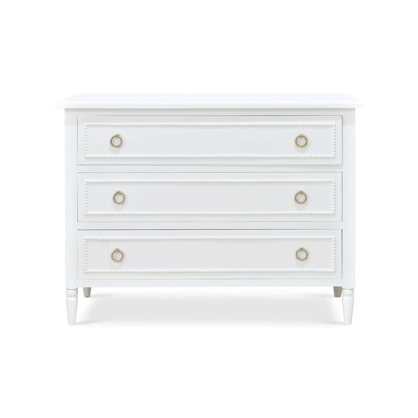 White chest of drawers, front perspective.