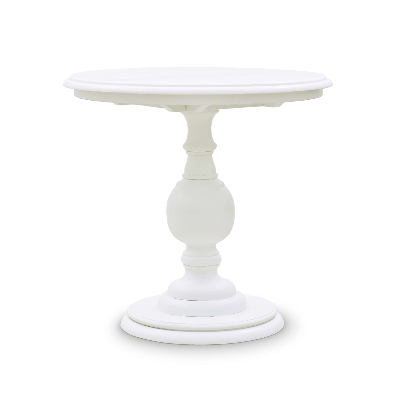 White pedestal end table, side angle view.