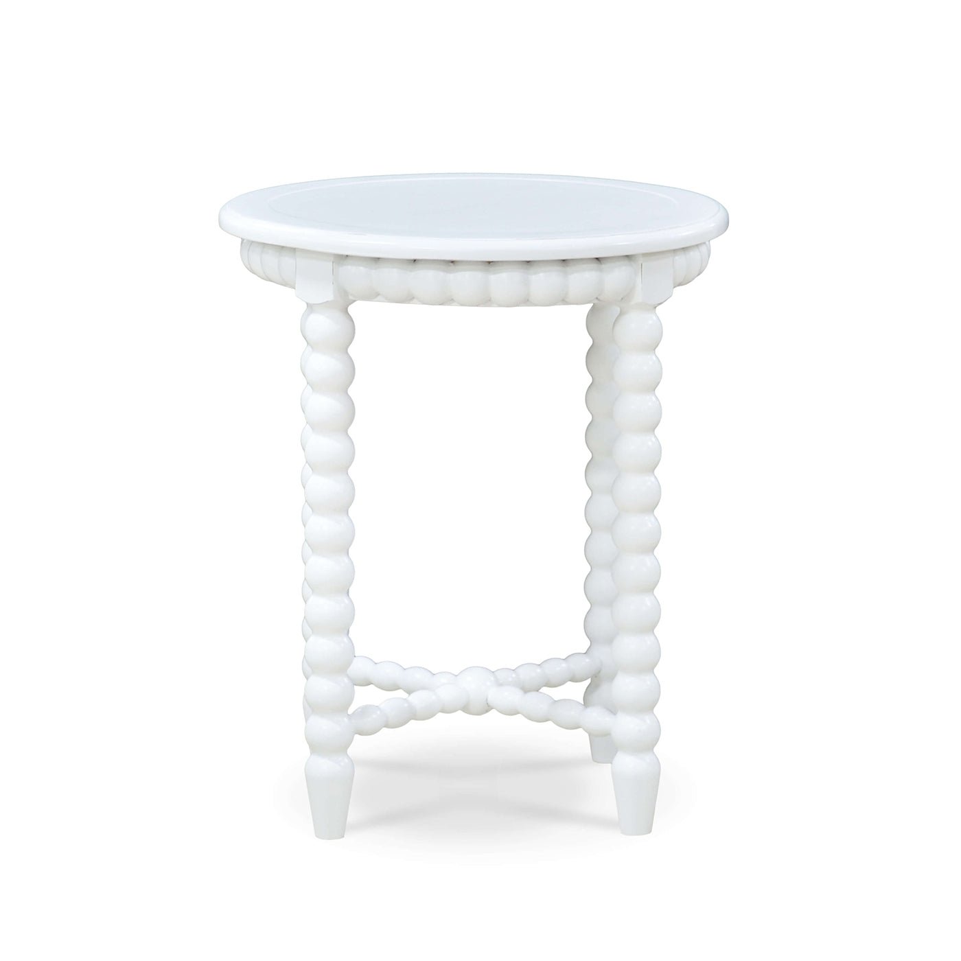 Painted white end table, round design, product showcase.