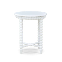 Painted white end table, round design, product showcase.
