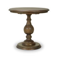 Rustic pedestal end table with round top, wood finish.