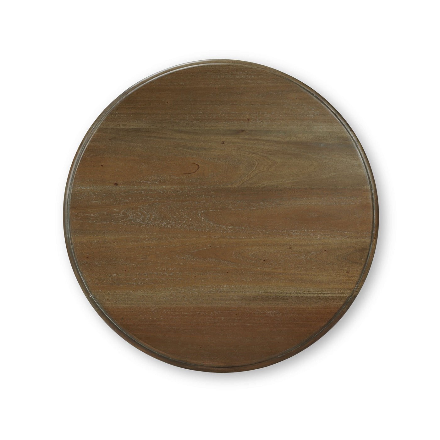 Overhead view of round pedestal end table surface, wood grain.