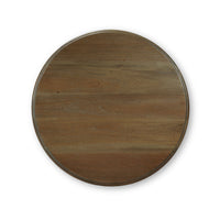 Overhead view of round pedestal end table surface, wood grain.