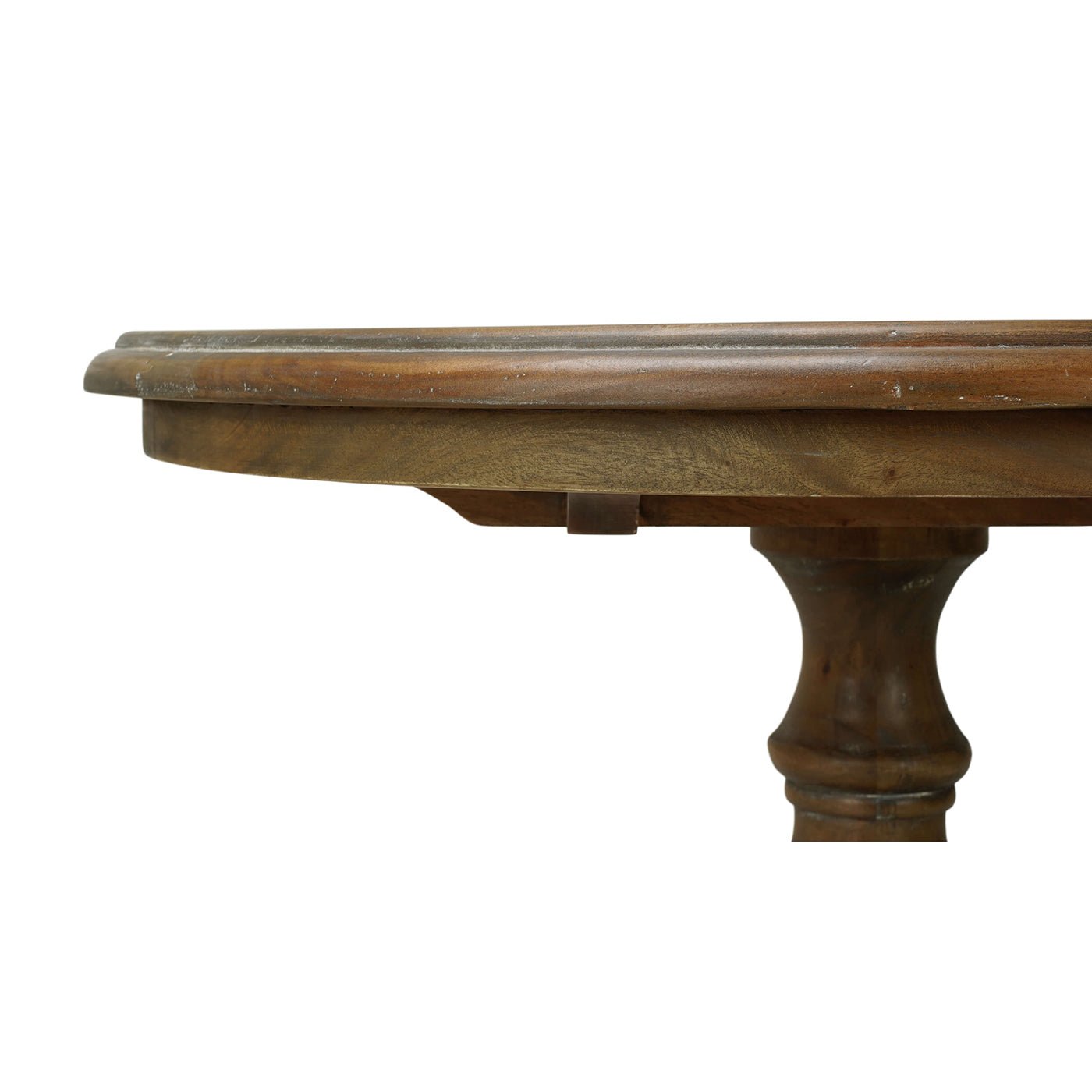 Close-up of pedestal end table top edge, detailed view.