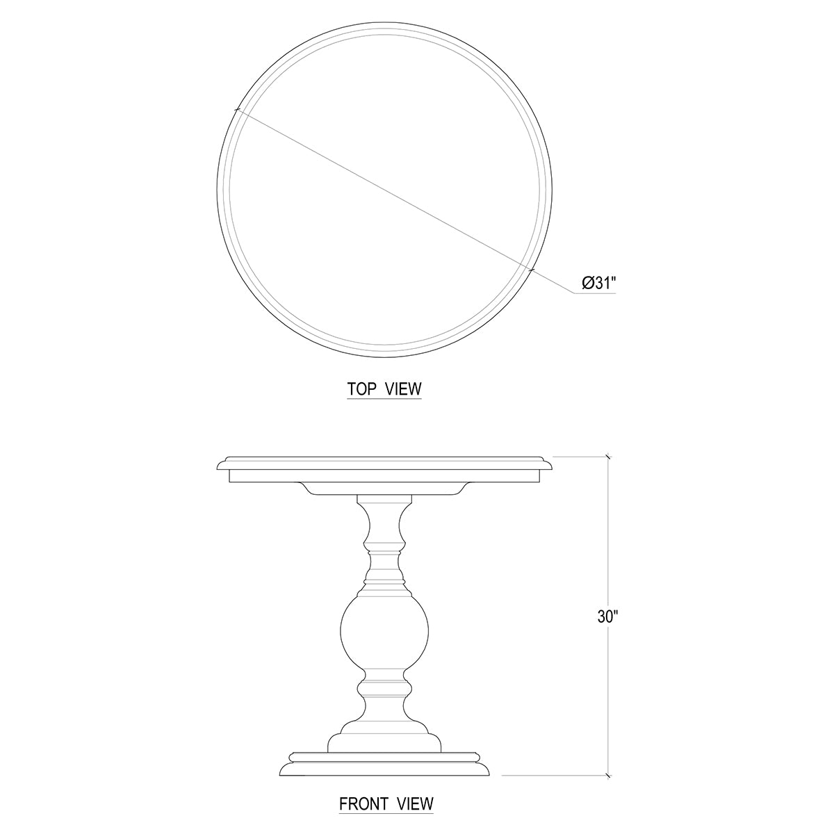 Diagram of pedestal end table dimensions, top and side views.