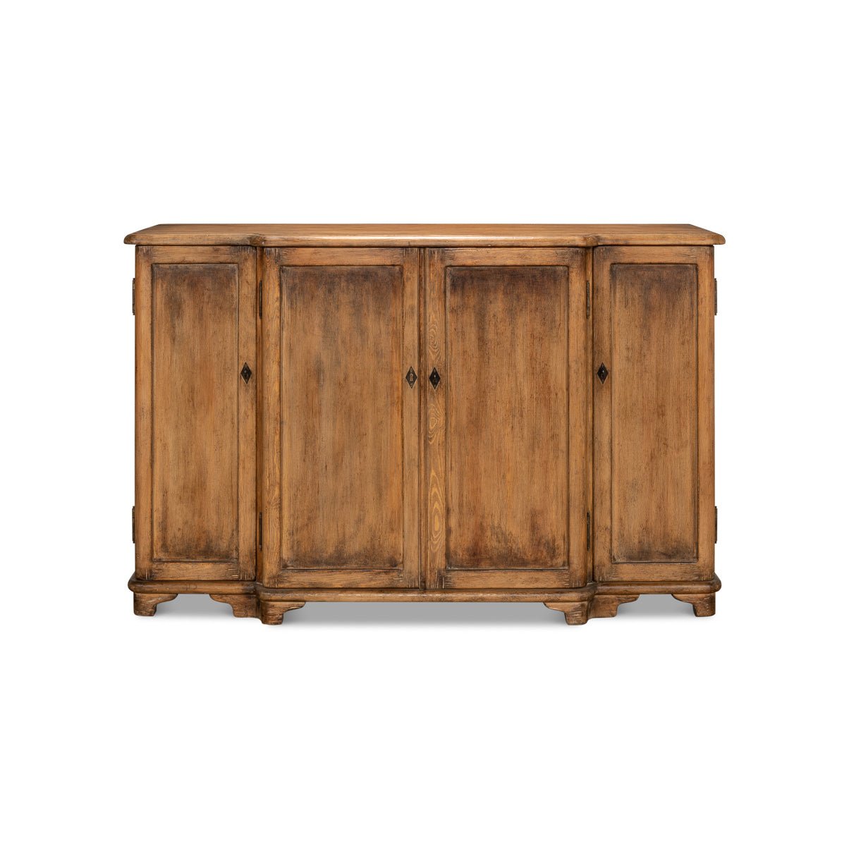 Credenza front view, detailed wood grain finish.
