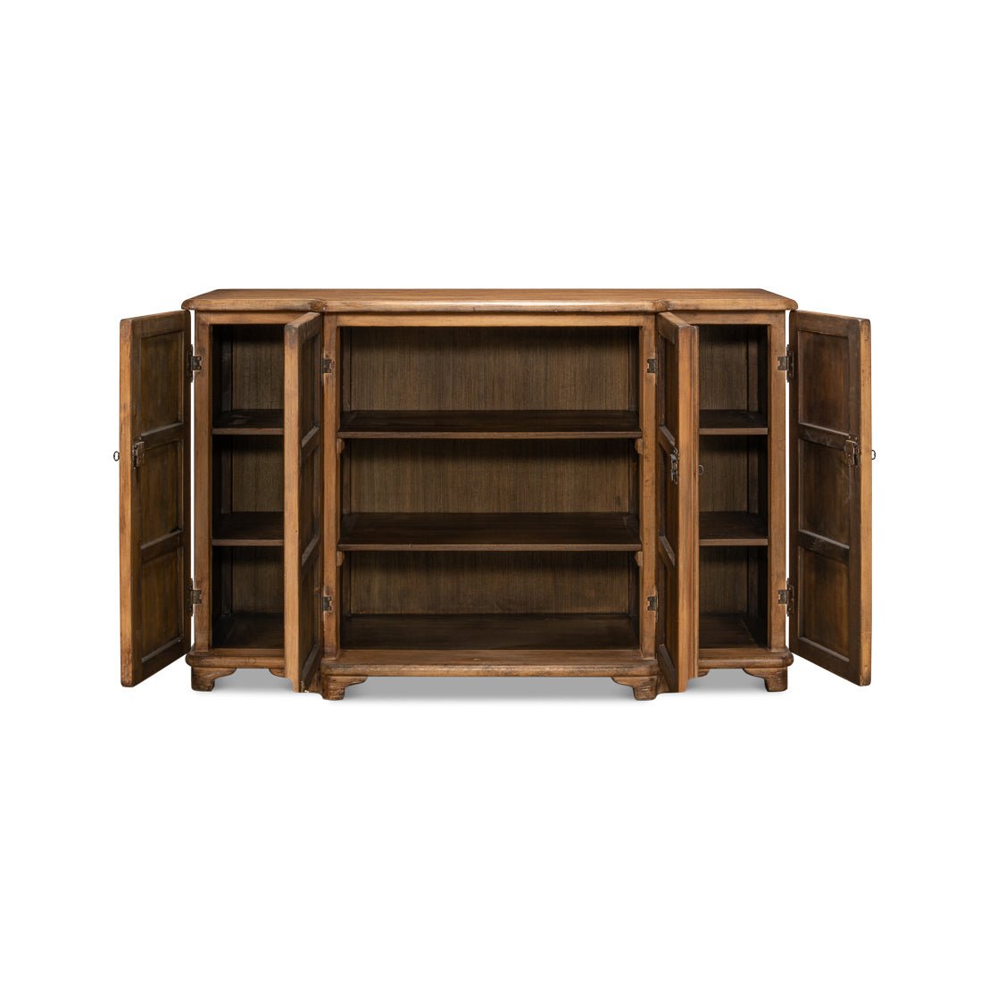 Credenza open doors showing interior shelves.