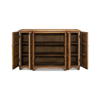 Credenza open doors showing interior shelves.