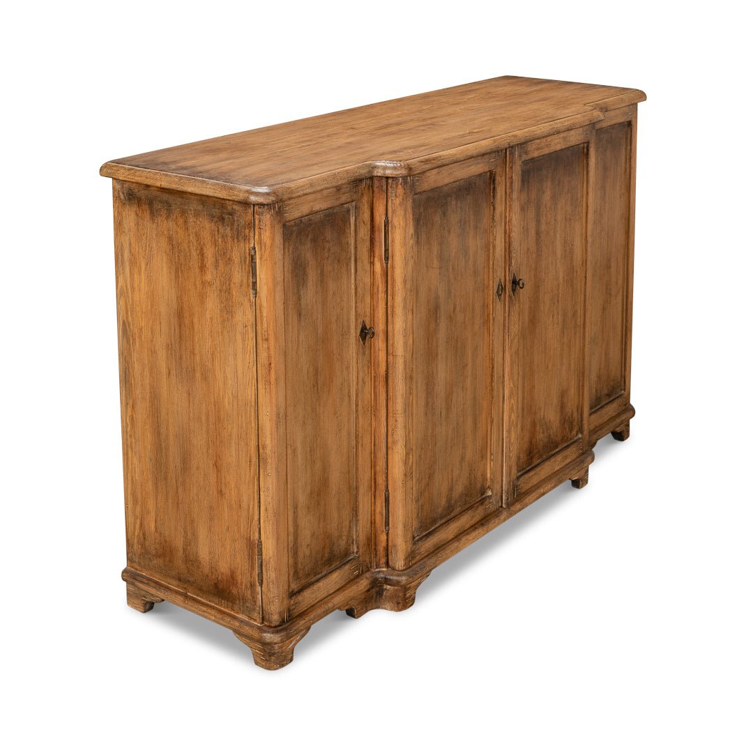 Angled view showing credenza design and doors.