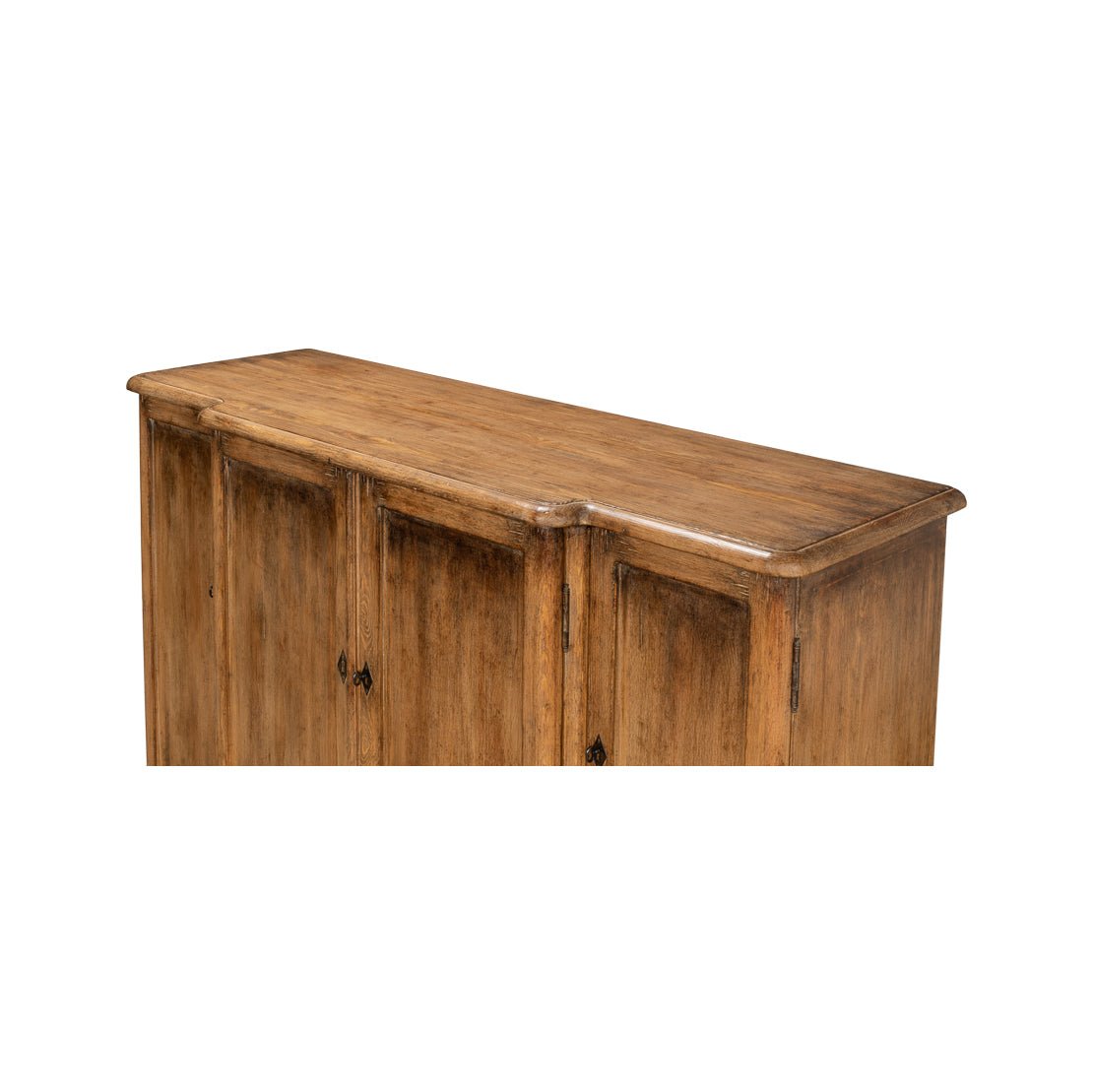 Top corner view of wooden credenza.