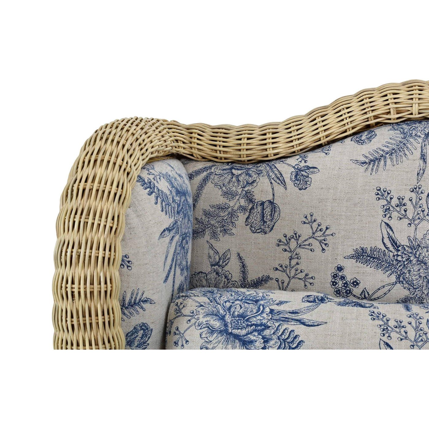 Close-up of rattan frame and cushion detail.
