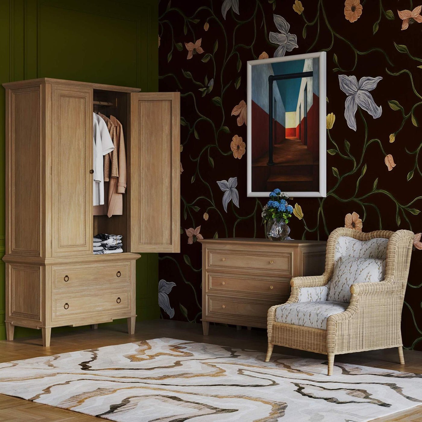 Room setting with rattan wingback armchair decor.