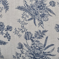 Blue floral pattern on chair cushion fabric.